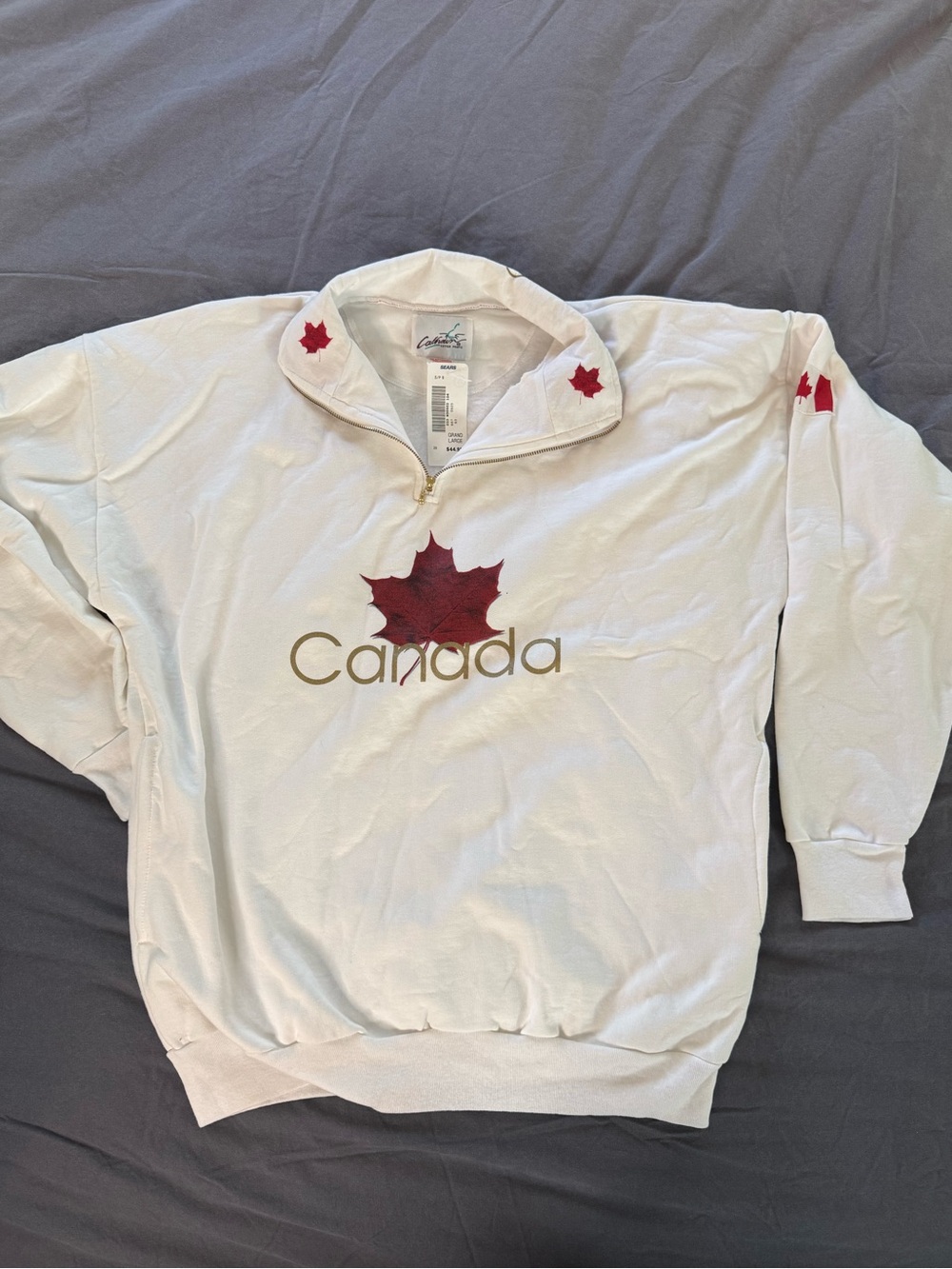 NWT VINTAGE Canada Maple Leaf Quarter-Zip Sweatshirt/White & Red/ Sears/ large